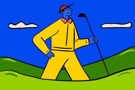 Golfer walking across a green course with club illustration