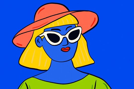 Stylish woman in sunhat and sunglasses colorful illustration