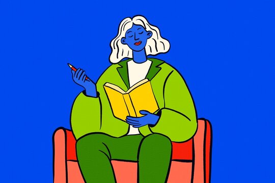 Woman read book and write note in armchair illustration