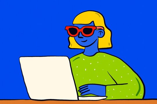 Stylish woman using laptop in colorful modern illustration
