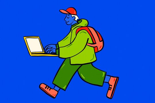 Modern traveler use laptop while walking with backpack