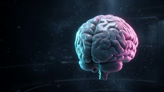 3D Render of Realistic Human Brain Anatomy with Neon Glow on Dark Background