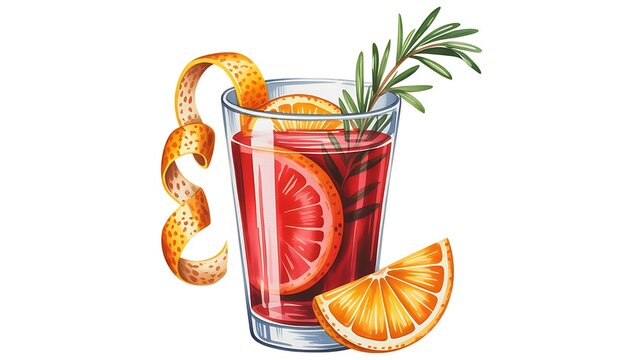 Fresh red cocktail drink with orange slice and rosemary