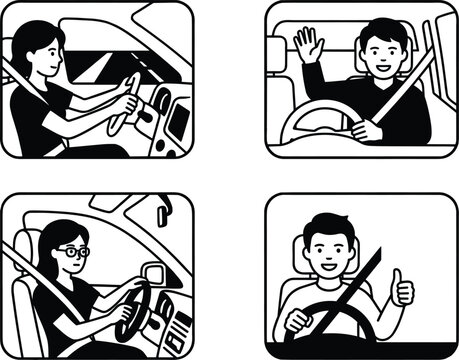 Car Driver Vector Icon Set with Male and Female Characters, Seatbelt Safety, Waving Hand, Thumbs Up Gesture, and Steering Wheel Control for Driving School Apps