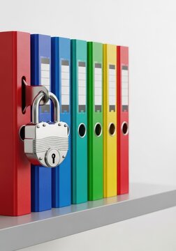 Brightly colored document folders organized on a shelf, locked with a sturdy silver padlock representing privacy and information protection, professional, management, private