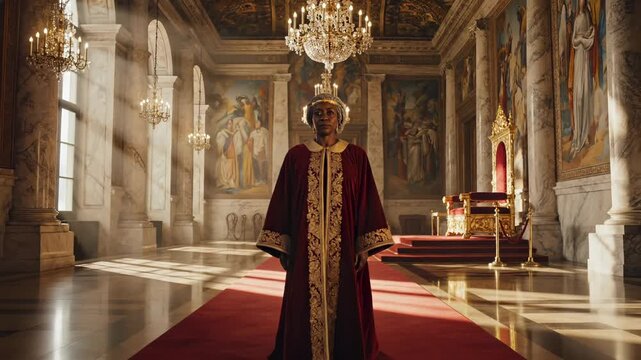 Royal woman stands in palace wearing ceremonial robe. Queen in throne room with royal chandeliers. Woman wears robe in palace hall. Royal figure stands near throne. Palace ceremony with queen.