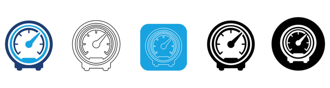 Performance Speedometer Icon Set with Blue Fill, Gray Outline, Blue Square White Outline, Black Fill, Black Circle White Fill Variations Collection 5 Styles Isolated on Transparent Background