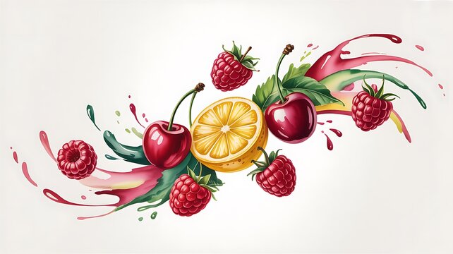 Fresh lemon and cherries with raspberries in juice splash