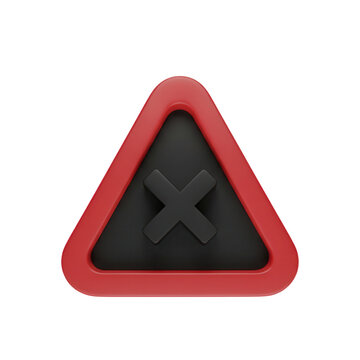 Red triangle warning sign icon with a black cross symbol representing error or danger in a 3d graphic style