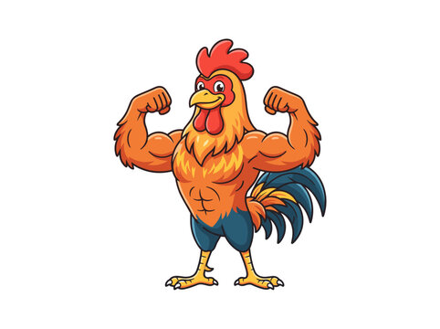 Muscular cartoon rooster mascot flexing biceps on white background