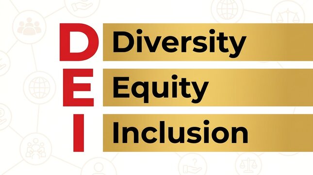 DEI acronym for Diversity Equity and Inclusion, corporate social responsibility concept, modern business ethics banner with gold and red accents