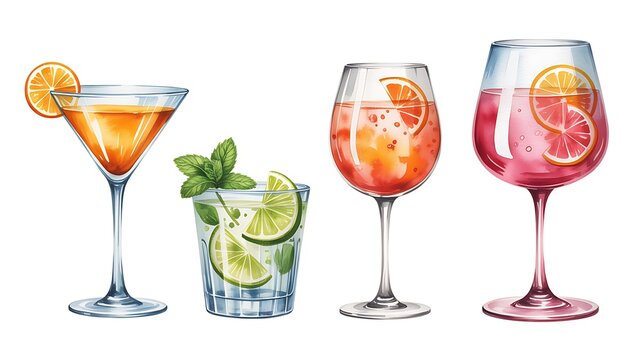Set of four colorful refreshing cocktails with fruit garnish