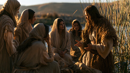 Fototapeta premium Jesus christ speaking to a group of women in a biblical setting at sunset