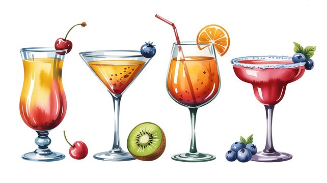 Set of colorful tropical cocktails and fresh fruit garnish