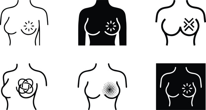 Female chest pain vector icon set illustrating breast health oncology awareness medical examination inflammation symptoms and mastitis healthcare line symbols