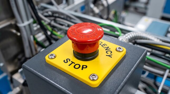 Close-up view of a bright red emergency stop button set against a backdrop of industrial machinery.