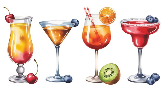 Set of colorful tropical cocktails and fresh fruit garnishes