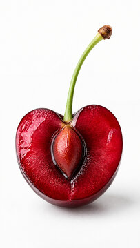 A single ripe cherry is sliced in half, showcasing its vibrant red flesh, glistening pit, and a slender green stem against a clean white background.