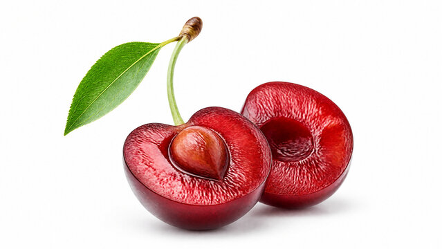 A perfectly ripe cherry is cut in half, revealing its juicy interior and central pit, with a single green leaf attached to its stem.
