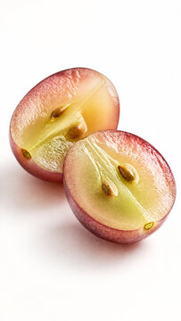 Two segments of a ripe red grape are shown cut in half, presenting their pale green, seeded interior and smooth red skin on a white surface.