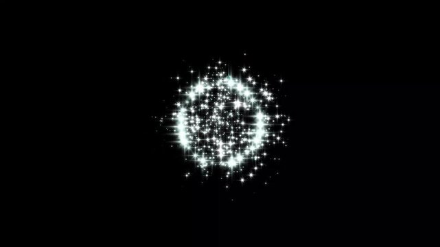 glitter round shape and glitter blast explosion,glowing white particles magical sparkle dust fairy doodle stars, and smooth shimmer particles effect on black background 4k