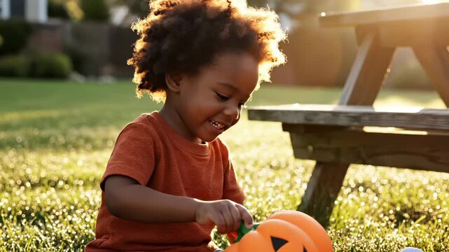 Child plays with halloween pumpkin bucket on grass at sunset smiling. Kid holds pumpkin container outdoors. Child with halloween bucket on lawn. Playing with pumpkin at golden hour in yard.