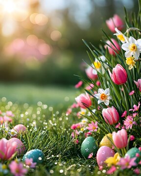 Spring garden landscape with tulip Tulipa and daffodil Narcissus flowers