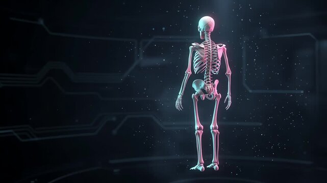 3D Render of Full Human Skeleton Anatomy with Neon Glow on Dark Background
