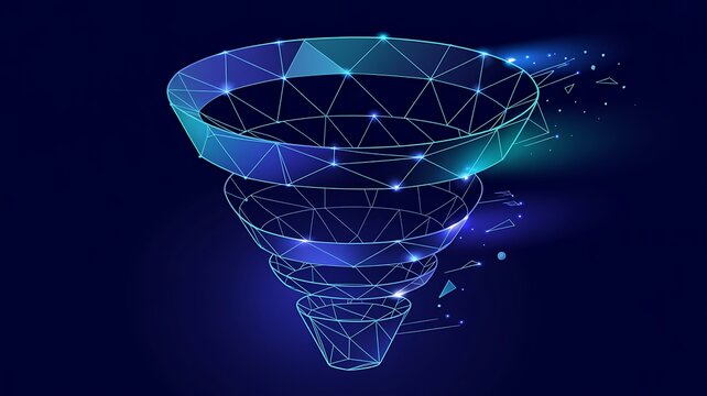Digital sales funnel concept filtering complex binary data streams into organized cloud storage and user network icons 