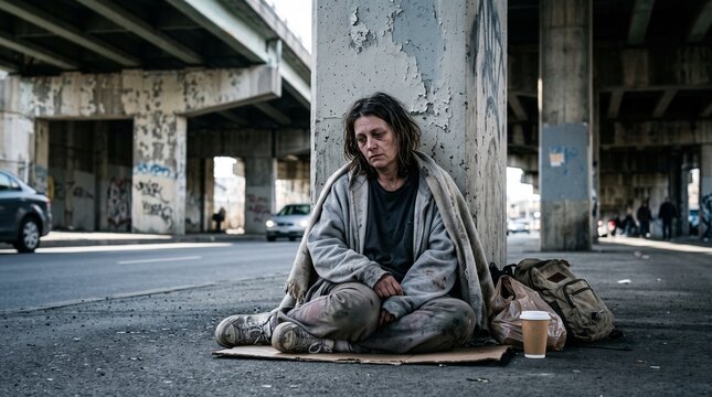 Homeless Woman Sitting Under Urban Overpass with Poverty and Social Crisis Concept