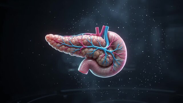 3D Render of Realistic Human Pancreas Anatomy with Glowing Blood Vessels on Dark Background