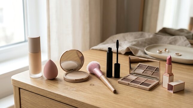 Various makeup products and cosmetic brushes on a wooden dressing table in a bright bedroom setting. beginner makeup guide