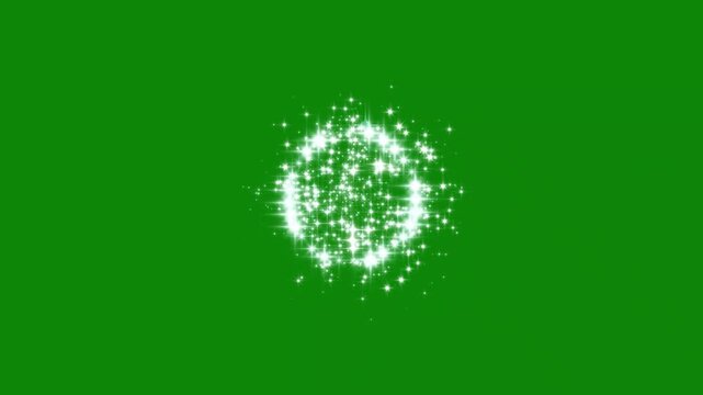 glitter round shape and glitter blast explosion,glowing white particles magical sparkle dust fairy doodle stars, and smooth shimmer particles effect on green background 4k