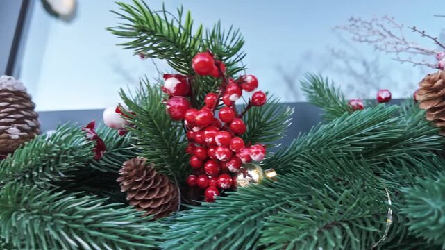 Close up of frosted red berries and a pinecone on a green pine branch outdoors.