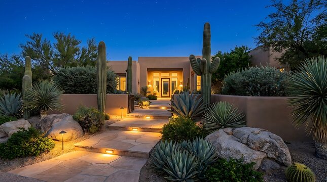 Modern luxury desert home entrance with warm glowing lights and tall cactus plants at beautiful blue dusk. arizona front yard
