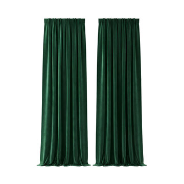 Pair of rich dark green velvet curtains hanging straight PNG. The elegant window drapes feature beautiful vertical folds and a soft luxurious texture.