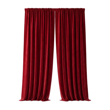 Pair of vibrant red velvet curtains hanging perfectly straight PNG. The classic theatrical drapery features rich color and deep elegant folds.