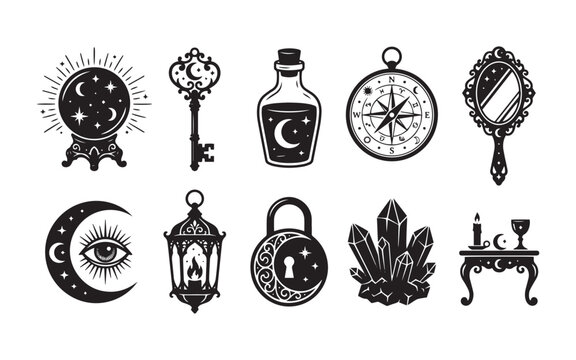Collection of hand drawn mystical and esoteric occult symbols for witchcraft and fortune telling design elements