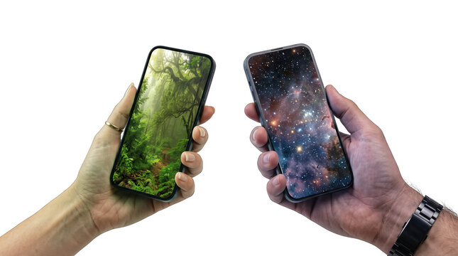 Two hands holding smartphones displaying different of a forest landscape and a colorful nebula galaxy isolated on black background