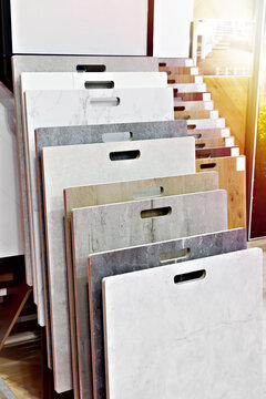 Ceramic tile samples on rack for interior