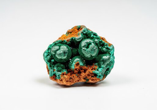 Raw specimen of natural copper ore with distinctive metallic green and orange textures isolated on a clean and bright white background, mountain, hard, copper