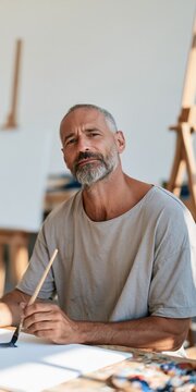 Bearded man painting on canvas in sunlit art studio for artist portfolio background and workshop banner promotion