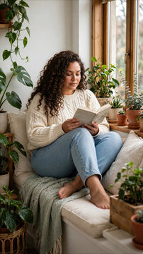 Woman relaxing with a book on a sofa at home