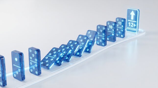 Blue glowing digital dominoes falling in row towards golden success block on light floor.