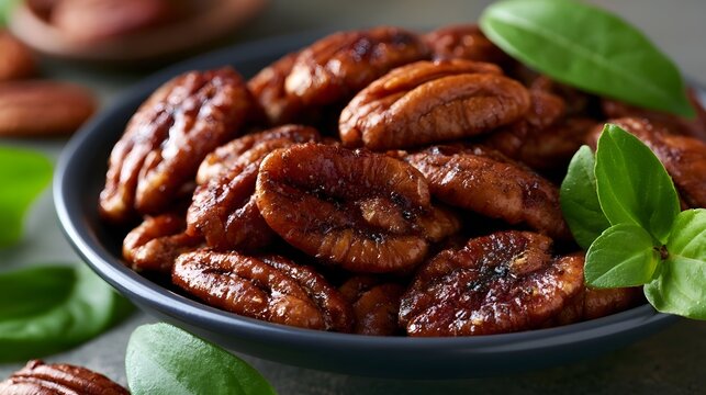 A bowl of glossy roasted pecans garnished with fresh green leaves  showcasing rich brown color and appetizing texture