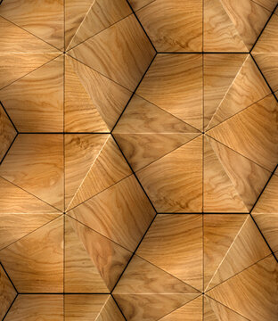 Geometric wood panel wall with hexagonal 3D pattern