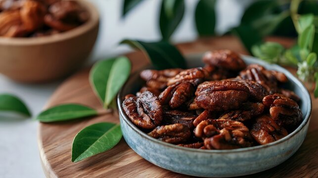 A bowl of roasted pecans sits on a wooden board  surrounded by fresh green leaves for a natural  rustic presentation
