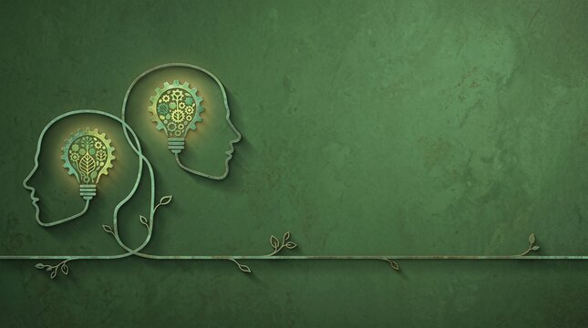 Conceptual of two human head silhouettes with glowing lightbulb gears inside, connected by green vines on a textured green background