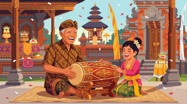 A joyful elderly Balinese man and a young girl in traditional attire play a Kendang drum together in front of a multi-tiered Hindu temple tower under falling petals in Bali, Indonesia.