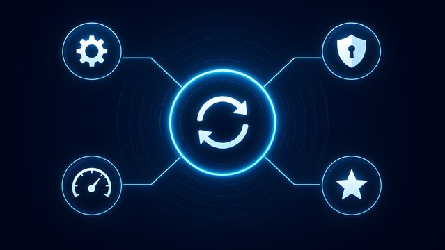 Glowing blue system update and optimization network with sync icon connected to gear shield speedometer and star representing continuous improvement